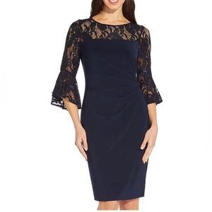 Adrianna Papell Lace 3/4 Bell Sleeve Round Illusion Neck Jersey Side Sheath NWT